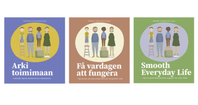 Kuvassa on kaikki Arki toimimaan -oppaan kieliversiot: suomi, ruotsi ja englanti.